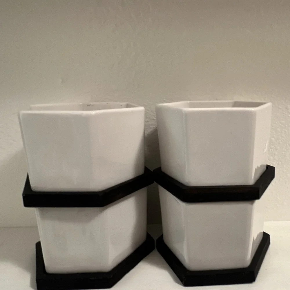 Small Hexagonal Ceramic Plant Pots w/ Black Saucers, Drainage Hole Set